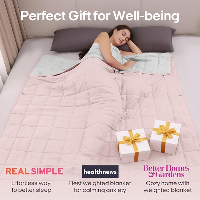 ZonLi Weighted Blanket for Adults(48"x72",15lbs, Pink/Light Grey) Twin Size High Breathability Cooling Heavy Blanket, Soft Material with Premium Glass Beads,All-Season.