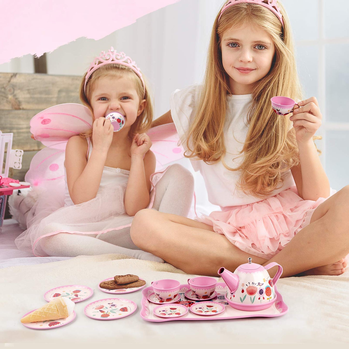 D-FantiX Kids Tea Set for Little Girls, 15Pcs Pink Tin Tea Party Set for Toddlers Afternoon Tea Time Playset with Metal Teapots Tea Cups Play Dishes Princess Toys Gifts with Carry Case