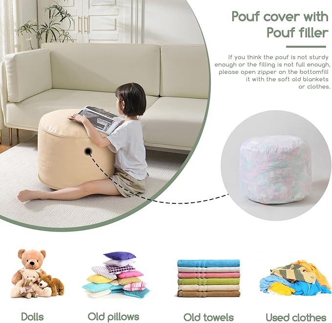 HIGOGOGO Round Stuffed Pouf Ottoman, Pu Leather Poufs with Foam Chunk Filling, Furry and Fluffy Pouf Foot Stool Storage Ottoman, 20 X 15 Floor Poufs Foot Rest for Living Room, Beige