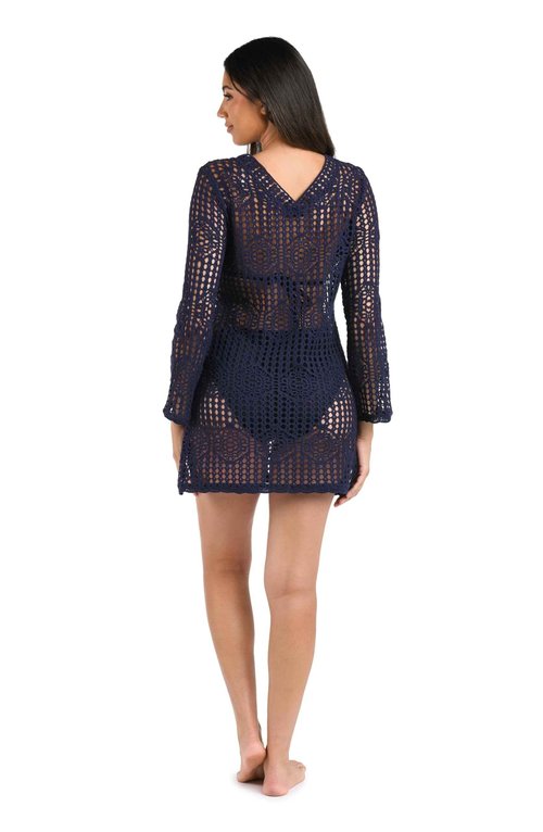 La Blanca Women's Long Sleeve Mini Dress Swimsuit Cover Up, Indigo//Waverly Covers, Large