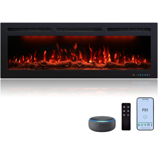 50 inch Electric Fireplace Heater, Smart Control via Alexa & App, Recessed and Wall Mounted Fireplace Insert w/Multicolor Realistic Flame Effects,Crackling Sound and Logs& Crystals, 1500W, Black