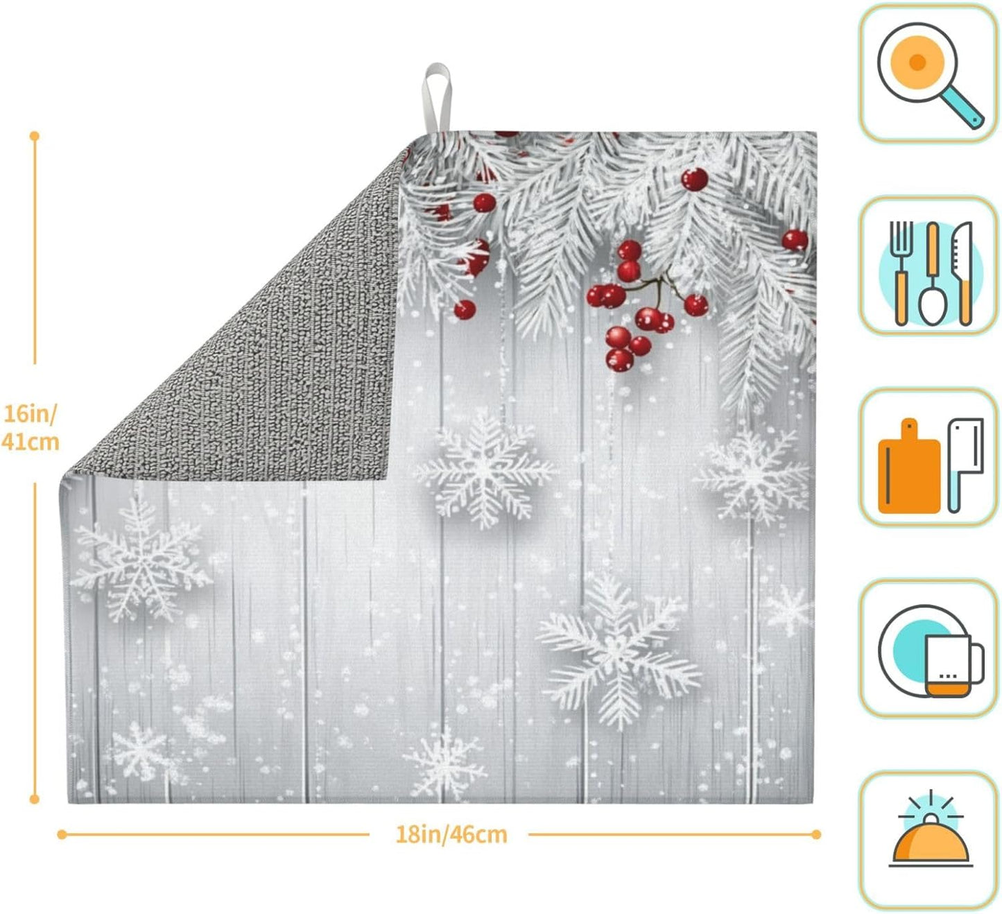 Dish Drying Mat Snowflake Winter White Berry Absorbent Microfiber Non Slip Quick Dry Heat Resistant Holiday Decorative Kitchen Counter Mat for Plates Cups Glasses 16x18 Inch