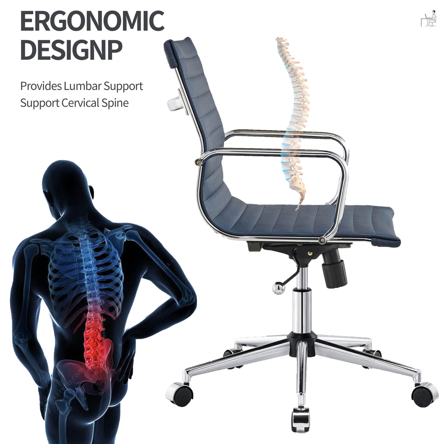 Office Desk Chair,Modern Conference Room Task Chairs,Leather Computer Swivel Excutive Ribbed Ergonomic Rolling Chair for Home Office Desk Chair （Navy）