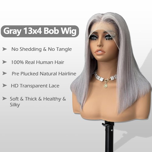 Bestvivid Dark Gray Bob Lace Front Wigs Human Hair HD Transparent Pre Plucked 13x4 Glueless with Baby Hairs 16inch Natural Hairline 100% Unprocessed Human Hair Grey Lace Frontal Blunt Cut Bob Wig