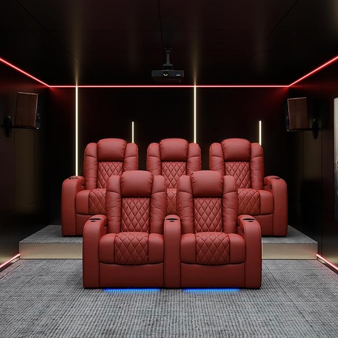 Weilianda Home Theater Seating Top Grain Leather Zero Gravity Recliner Chair Power Headrest Recline Movie Seat Gaming 7 Colors Mood Light Sofa with Tray Table USB Charge Row of 5 Loveseat Left Red