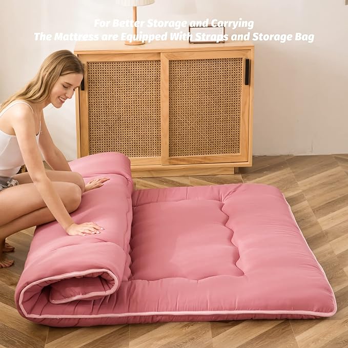 MAXYOYO Japanese Floor Mattress Futon Mattress, Thicken Sleeping Pad Foldable Roll Up Floor Futon for Adults Tatami Mat Dormitory Bed Lounger, Pink, Full Size