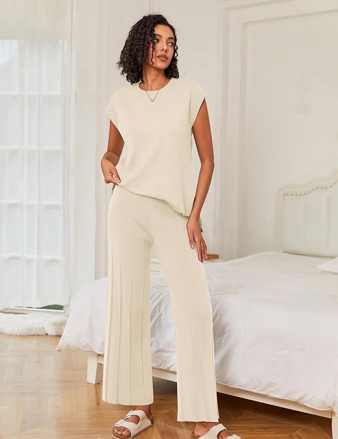 Ekouaer Lounge Sets for Women Two Piece Outfits Knit Cap Sleeve Tops Wide Leg Pleated Pants Casual Dressy Sweater Sets