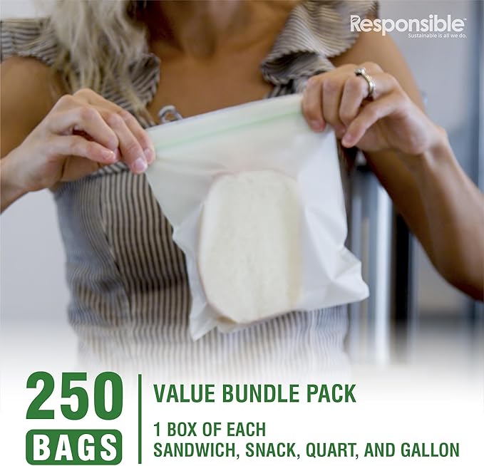 Resealable Zip Bag Value Bundle Pack - Certified Compostable (1 Box of Each - Sandwich, Snack, Quart, and Gallon) - 250 Total Bags Included