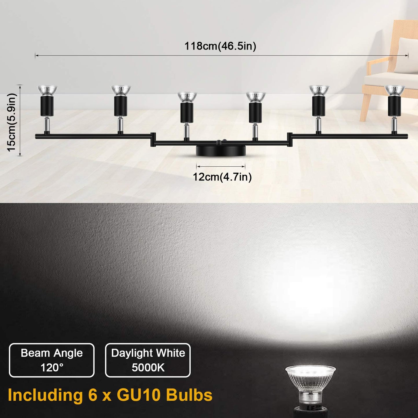Ascher 6-Light LED Track Lighting Kit, Flexibly Rotatable Light Heads, 6 Way Ceiling Spotlight Black Finish, Including 6 GU10 LED Bulbs (4W 400LM Daylight White 5000K)