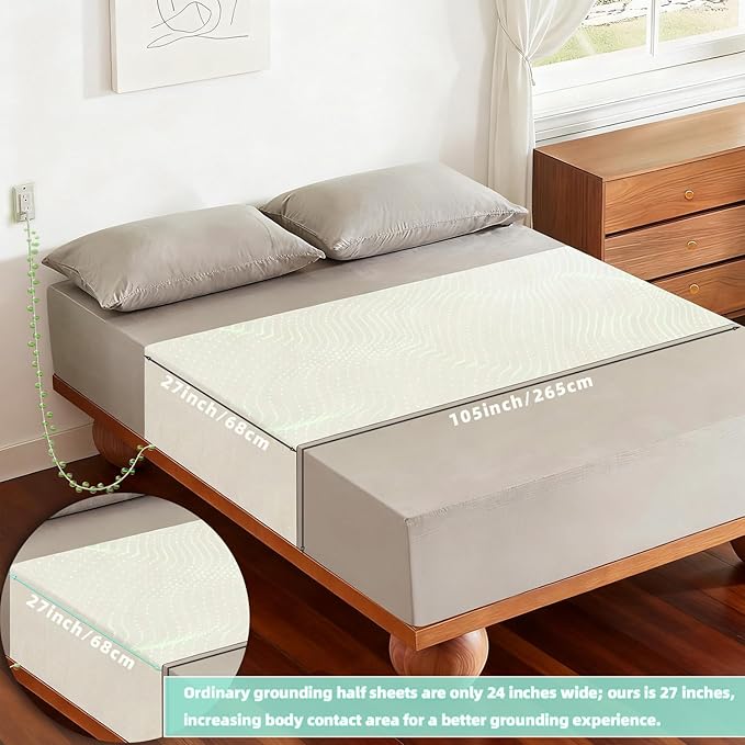 EMIKITS Grounding Sheets 27"x105" Fits All Mattress Sizes, Upgraded 10% Conductive Silver Fiber, 90% Organic Cotton for Improved Sleep, Square Grid White Grounded Half Flat Sheet