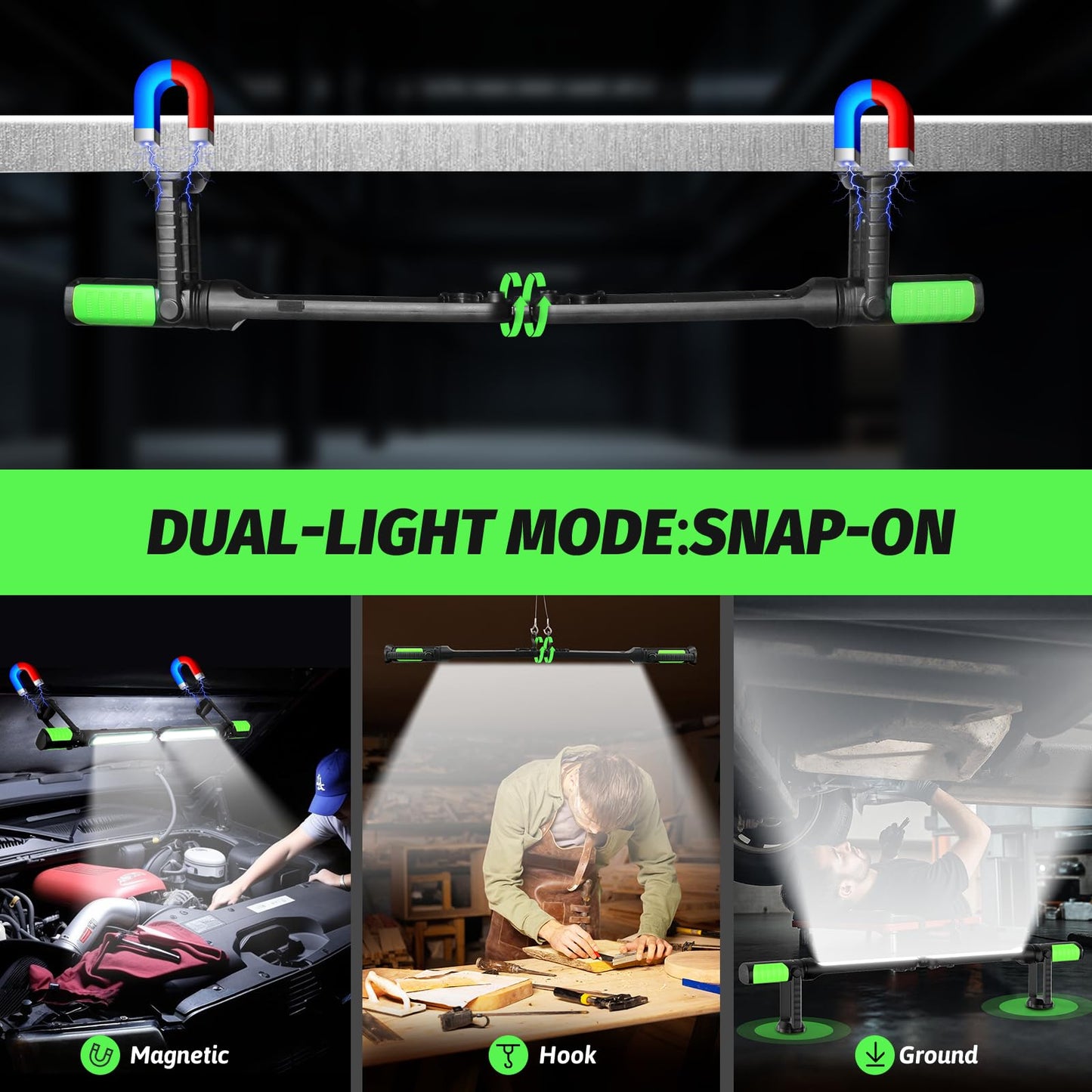 Rechargeable Mechanic Light, Single or Dual Use Underhood Work Light with Magnet and Sensor, 2400LM Magnetic Work Light Bar for Car, Inspection, Workshop, Garage, Emergency (2 Pack)