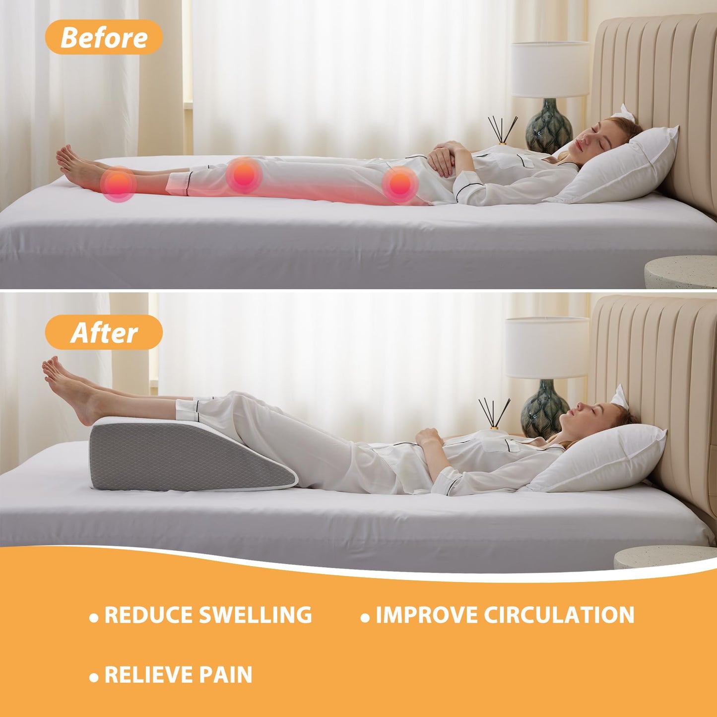 Bedluxe Leg Pillow, 8inch Leg Elevating Pillow for After Surgery, Blood Circulation, Leg Wedge Pillow for Side Sleeping, Leg Rest for Swelling, Cooling Gel Memory Foam Top, White/Grey