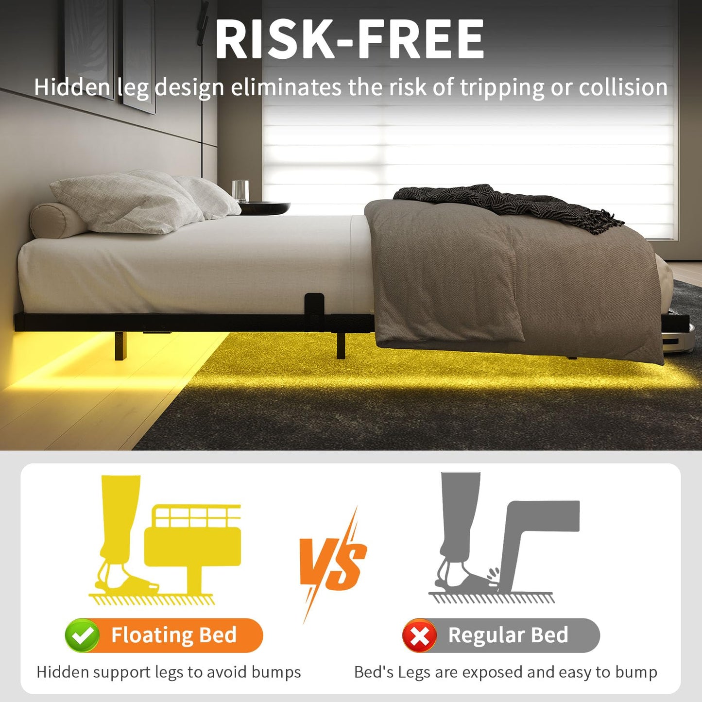 HOMBCK Floating Bed Frame Queen, Black Modern Metal Platform Bed with LED Lights, No Box Spring Needed, Easy Assemble