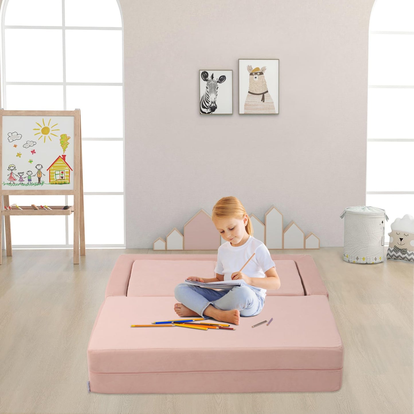 Getifun Modular Kids Sofa, Foam Toddler Couch, Convertible Plush Kids Play Couch (Pink)