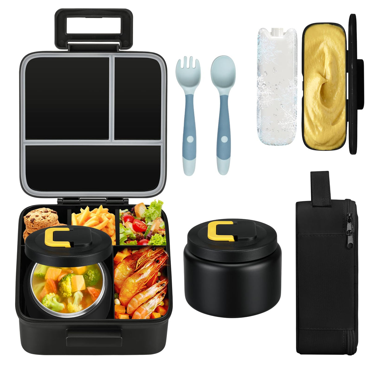 MAISON HUIS Kids Bento Lunch Box Set With 8oz Soup Thermo, Leakproof Lunch Containers with 5 Compartment, Thermo Hot Food Jar and Insulated Lunch Bag, BPA Free,Travel, School -Black (Astronaut)