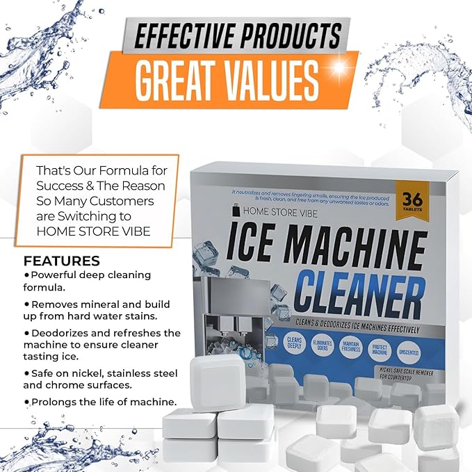 36 Pcs Ice Maker Cleaner Tablets – Descaler & Cleaning Solution for Ice Machines – Removes Odors & Build-up – Compatible with Countertop & Freestanding Ice Makers