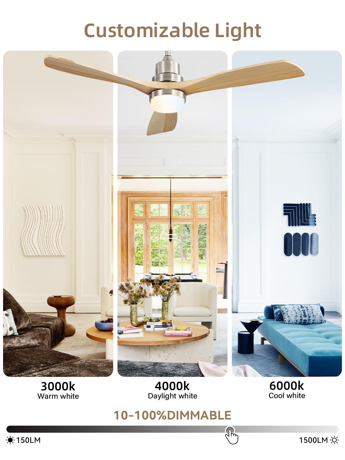 Sofucor 52 Inch Ceiling Fan with Lights and Remote Control-Modern Solid Wood Blade Ceiling Fan for Bedroom Living Room Indoor Outdoor Farmhouse Patio, Noiseless DC Motor, Sandy Nickel & Natural Wood