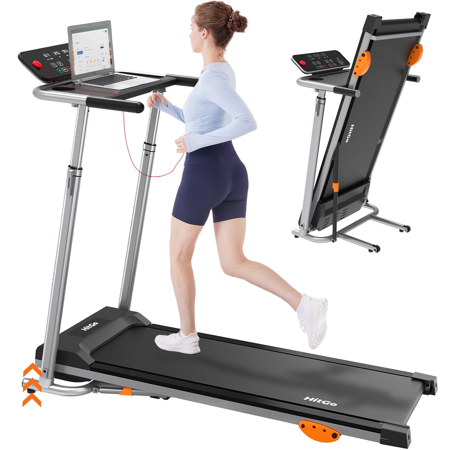 HitGo 2-in-1 Folding Treadmill with Height Adjustable Desk, 8.0 MPH Running Machine, Standalone Workstation Treadmill, Pneumatic Vertical Folding, FitShow/Kinomap, 265lbs Capacity,Black