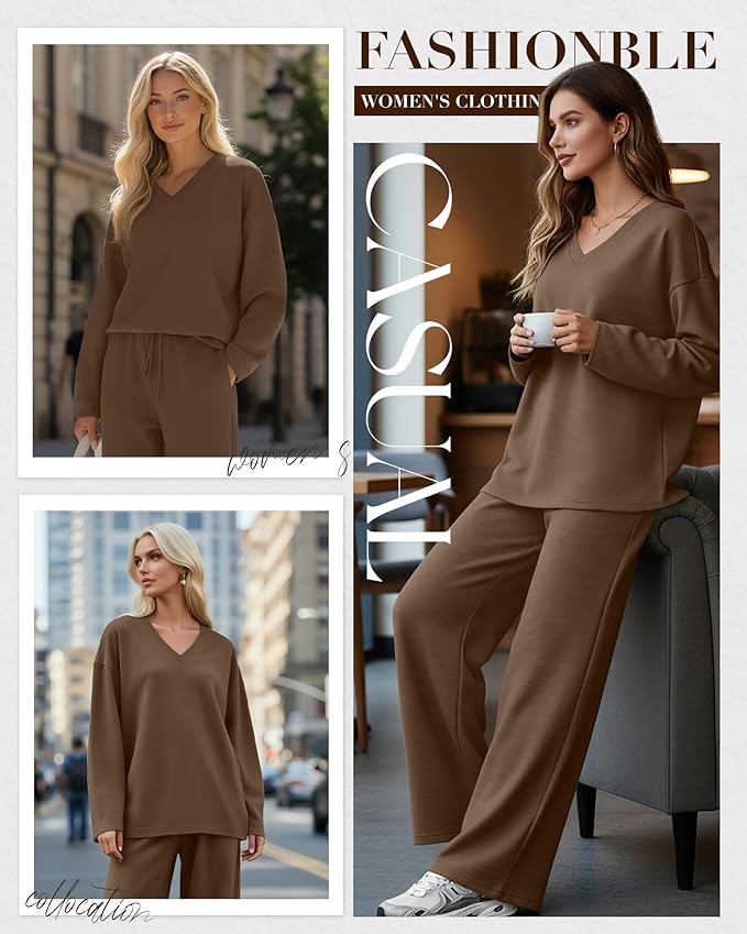 JoyMotion 2 Piece Women's Sweatsuit, V Neck Oversized Tracksuit Wide Leg Pant Fall Lounge Set Long Sleeve Sweatshirts Outfit