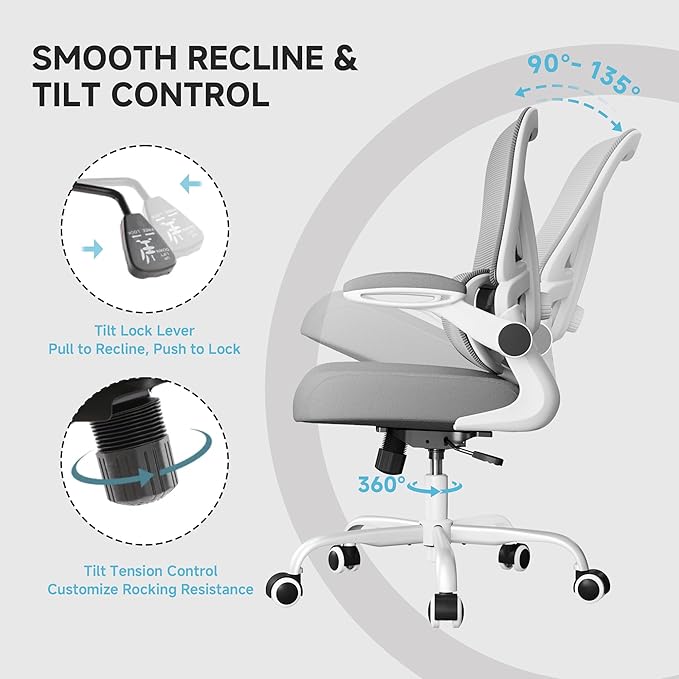PKPT Mesh Office Chair, 330LBS Ergonomic Desk Chair with Adjustable Lumbar Support, Executive Computer Chairs for Home Office, White and Gray