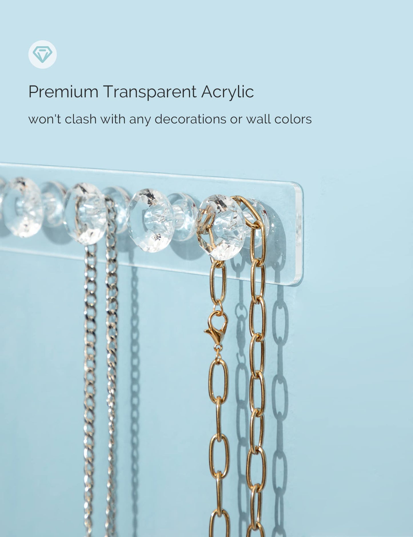 Mymazn 4 Pack Acrylic Necklaces Holder Hanging Jewelry Organizer Wall Mounted Necklace Hangers with 12 Hooks, Clear Jewelry Hang