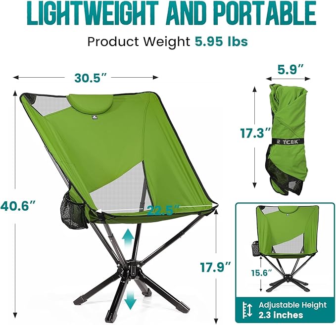 TCEK Portable High Back Camping Chair with Adjustable Height, Small Compact Outdoor Folding Chair for Adults Travel, Riselite Collapsible Lightweight Packable Camp Chairs, Easy Carry and Quick Setup