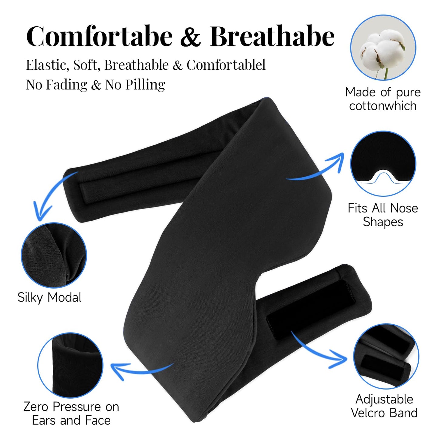 Cotton Sleep Eye Mask for Women Men, 100% Blocking Light Eye Mask Sleeping for Side Sleeper, Soft Zero Pressure Cooling Blackout Eye Covers for Sleeping, Sleep Mask fits All Heads Adjustable（Black）