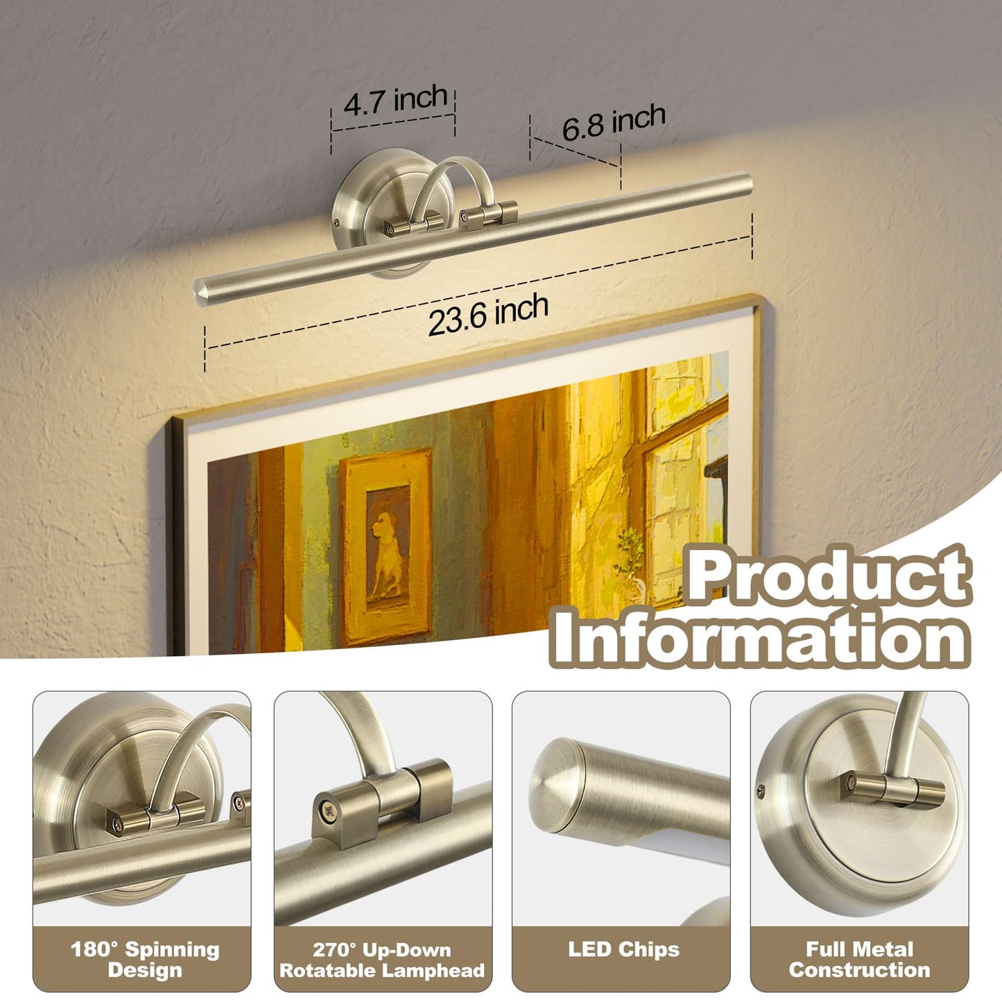 Tassuowell Hardwired Picture Light,24 Inch Dimmable Art Light for Paintings,14W,3000K Warm White,Antique Bronze Rotatable Picture Frame Lights for Wall Art,Gallery,Portrait,Dartboard,Mirror