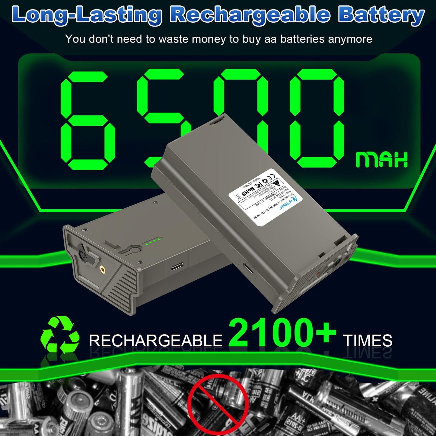 Artman New Reveal Lipo Lithium Battery Pack 6500mAh Upgraded Solar Charge Compatible with Reveal Cellular Trail Camera Ultra, Pro 3.0, X, X Pro, X Gen 2.0, X Gen 3.0, XB, SK (2-Pack)