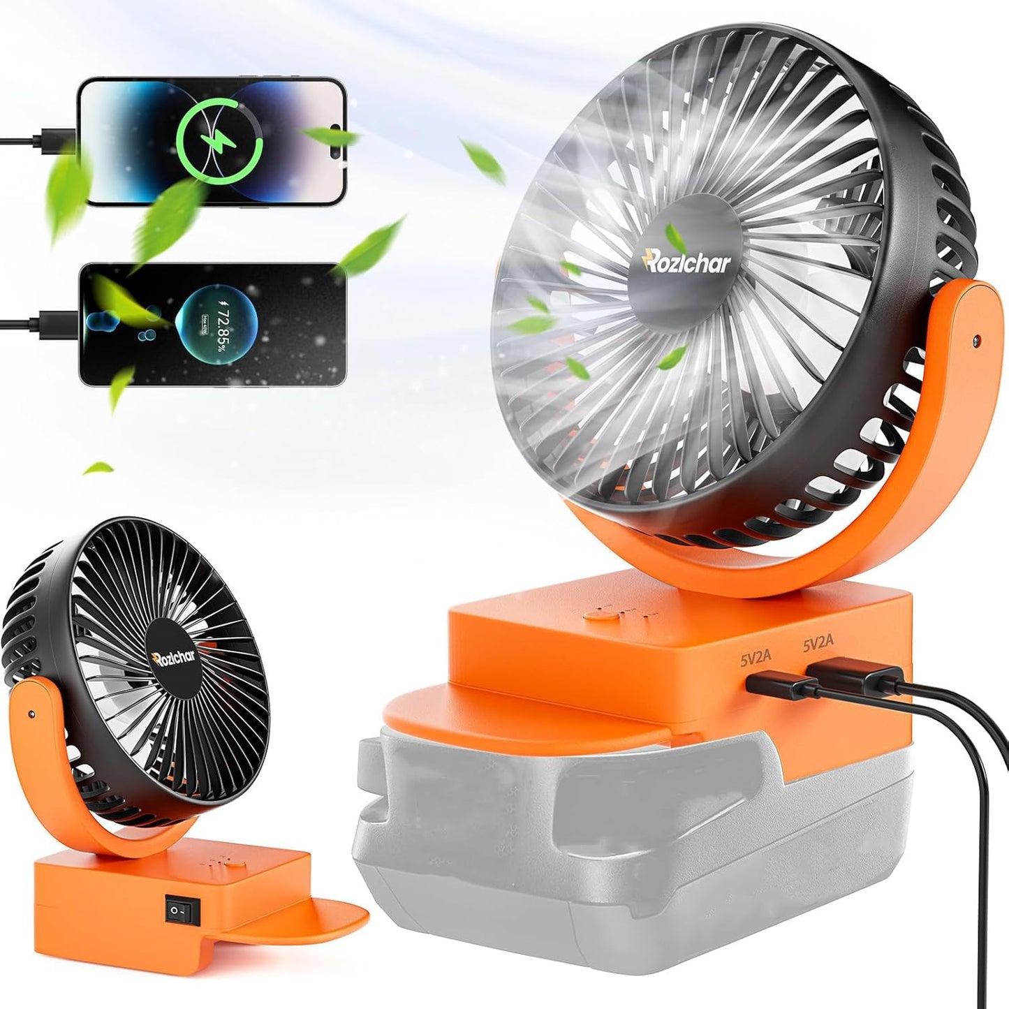 Rozlchar Portable Cordless Fan Compatible For Ridgid 18V Battery, Work For L1815R B1820R L1830R, Brushless Motor With Usb A/C Fa
