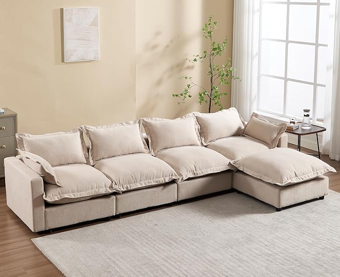 chairus 126" Modular Sectional Sofa with Moveable Ottoman Upholstered Deep Seat Linen Couch Set with Soft Pillows L-Shape Sofa Couch for Living Room, Apartment, Reception Room, 4-Seater/Oatmeal