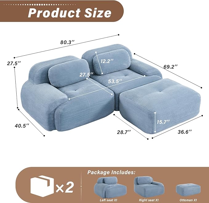 SoarFlash 81” Sectional Cloud Boneless Sofa Couches for Living Room-2 Seater L-Shaped Modern Lounge Couch-No Assembly Modular Corduroy Convertible Sponge Sleeper Sofas with Chaise for Home House,Blue