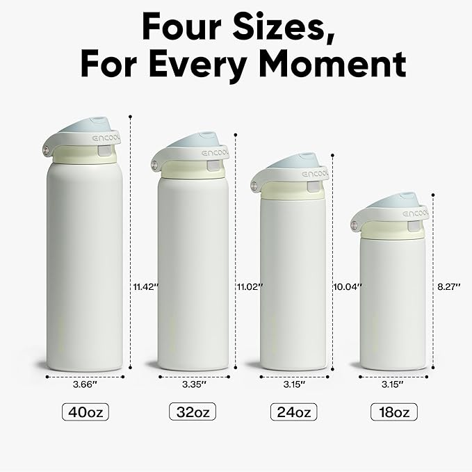 ENCOOL Leakproof Insulated Water Bottle with Straw Dual-Sip Water Bottle Bag-Safe Design for Work, Commute & Gym – Keeps Drinks Cold All Day, 40 oz, Cloud-Hill White