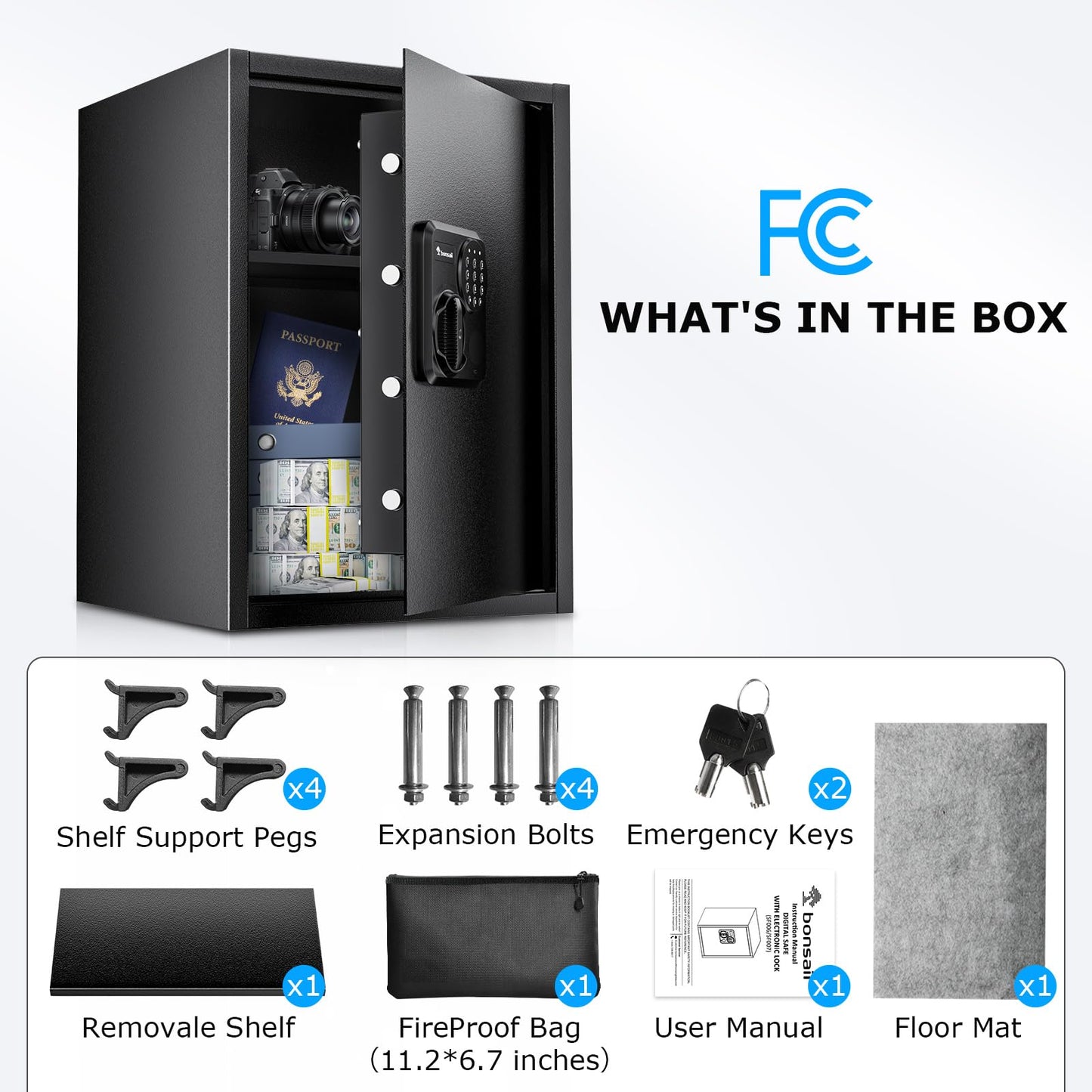 Bonsaii Large Safe Box with Fireproof Bag, 2.5 Cubic Feet for home security with Electronic Keypad and Removable Shelf, Document Safe for Home, Money, Cash, Jewelry, 15.7"W x 15"D x 21.7"H