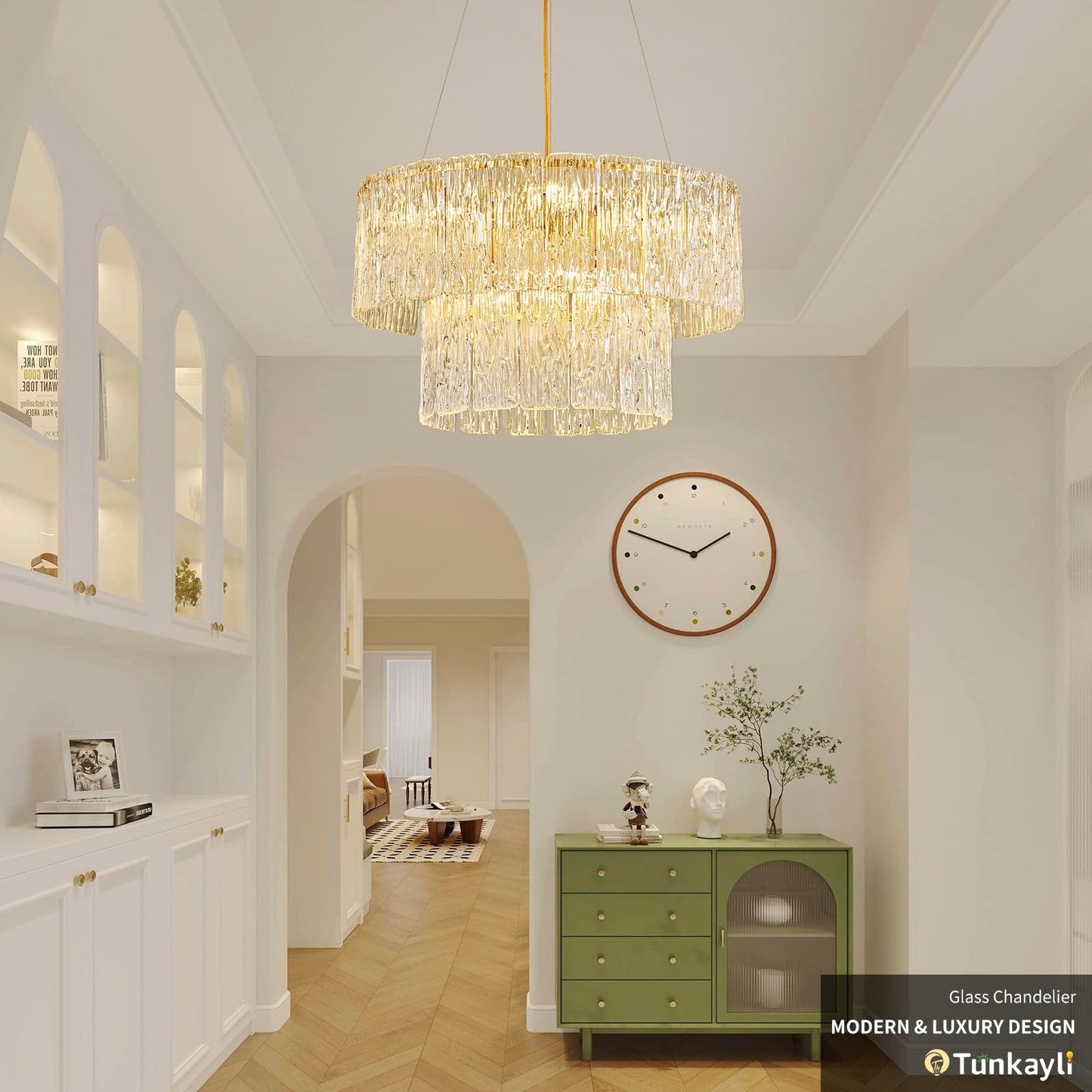Tunkayli 20" Crystal Chandelier Modern Gold Glass Chandeliers 2-Tier Round Elegant Luxury Lighting 6-Light Drum Crystal Chandelier for Dining Room Kitchen Restaurant Foyer Bedroom Living Room