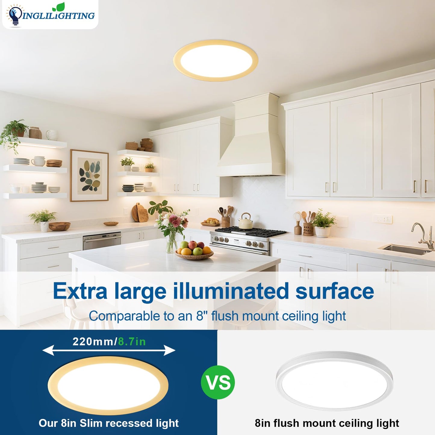 DLLT LED Recessed Ceiling Light: 6 Pack 8 Inch Slim Recessed Lighting for Kitchen - 5CCT Dimmable Canless Wafer Downlight for Living Room - 1800LM Brightness 6W LED Can Lights for Bedroom ETL FCC