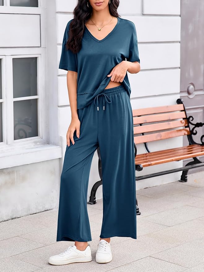 Tankaneo Womens 2 Piece Sets Casual Tracksuits Short Sleeve Tops Wide Leg Pants Outfits Lounge Sets