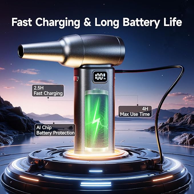 Compressed Air Duster，6 Gear Adjustable 300000RPM Cordless Electric Air Duster with LED Light and Screen,10000mAh Rechargeable Cordless Air Blower with Brushless Motor，Replaces Compressed Air Cans