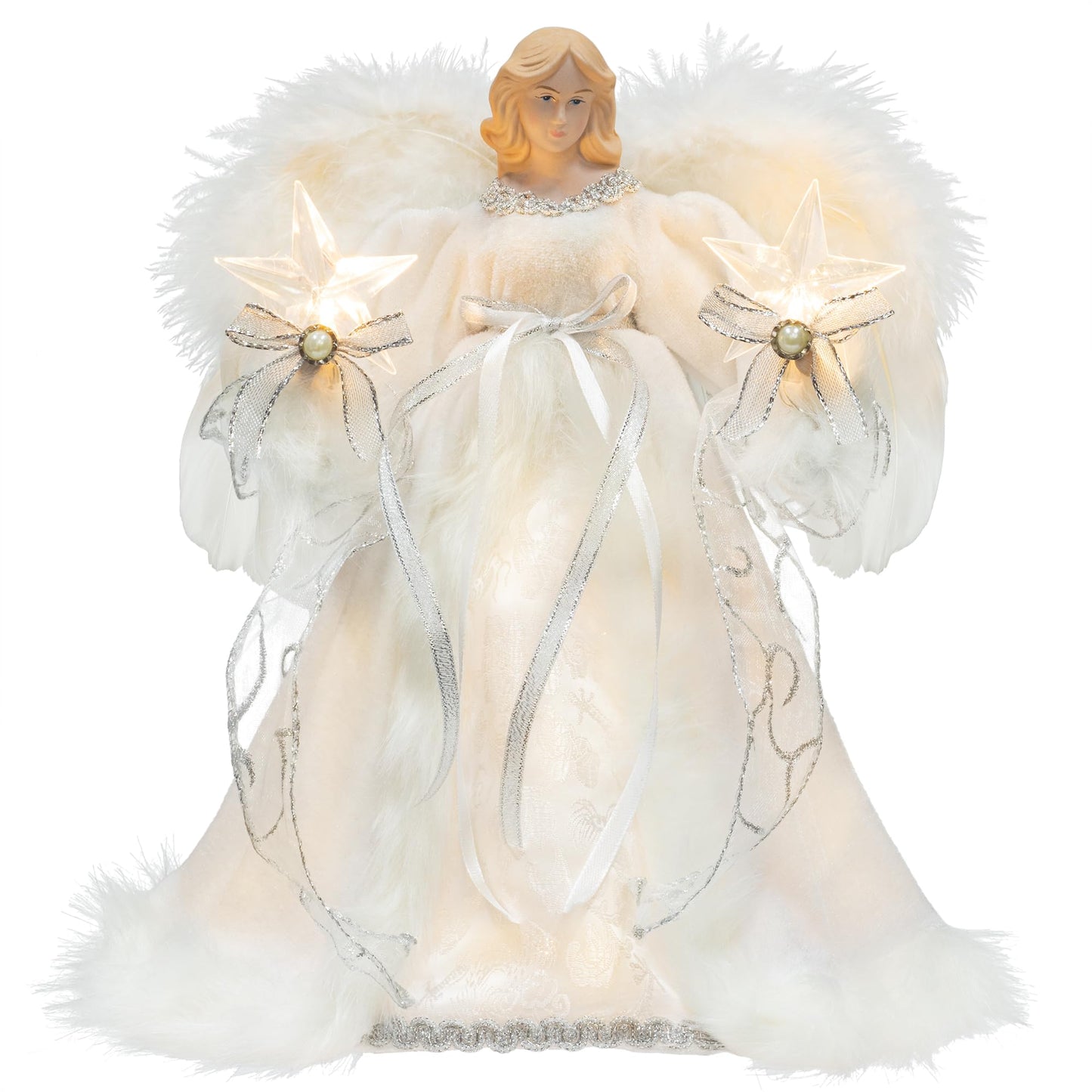 KI Store Lighted Christmas Angel Tree Topper with Timer 12-Inch White Angel Treetop Figurine for Christmas Tree Decoration
