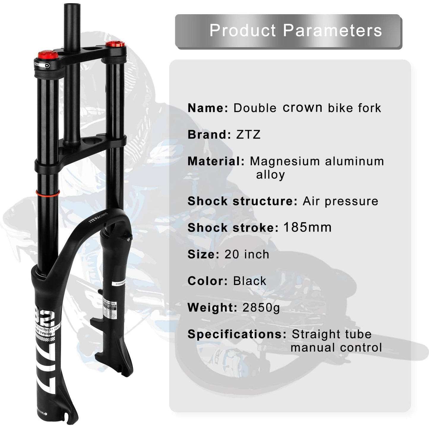ZTZ 20/26 inch 4.0 Fat Tire Bike Air Suspension Fork - 180mm Travel, 135mm Hub Spacing, QR 9mm, Double Crown Shock Absorber Fork for MTB Fat Snow Beach E-Bike (Black Fat Tire Fork, 20 inch)