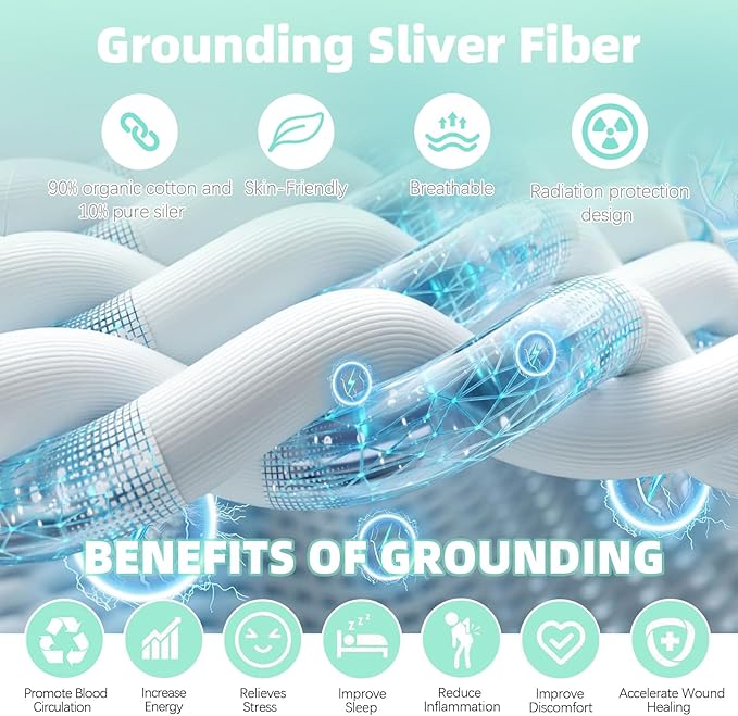 EMIKITS Grounding Sheets 90"x102" for Queen King Full CALI-King, Upgraded 10% Conductive Silver Fiber, 90% Organic Cotton for Improved Sleep, Square Grid White Grounded Bed Flat Sheet