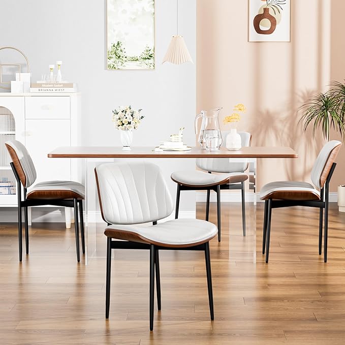 YaFiti Dining Chairs Set of 6, Dining Room and Kitchen Chairs, FSC Certified Mid Century Modern Accent Chair, Upholstered PU Leather Chairs for Vanity with Walnut Bentwood and Metal Legs, White