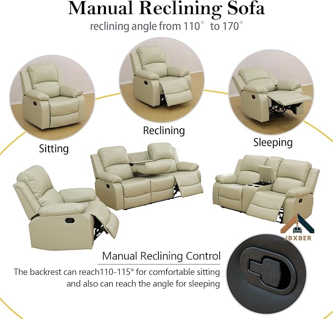 JBXBER Manual Recliner Sofa Set for Living Room, Leather Reclining Sofa Sets, Faux Leather Couch Set with Cup Holders, Drop-Down Table and Storage Console(Sofa,Beige)