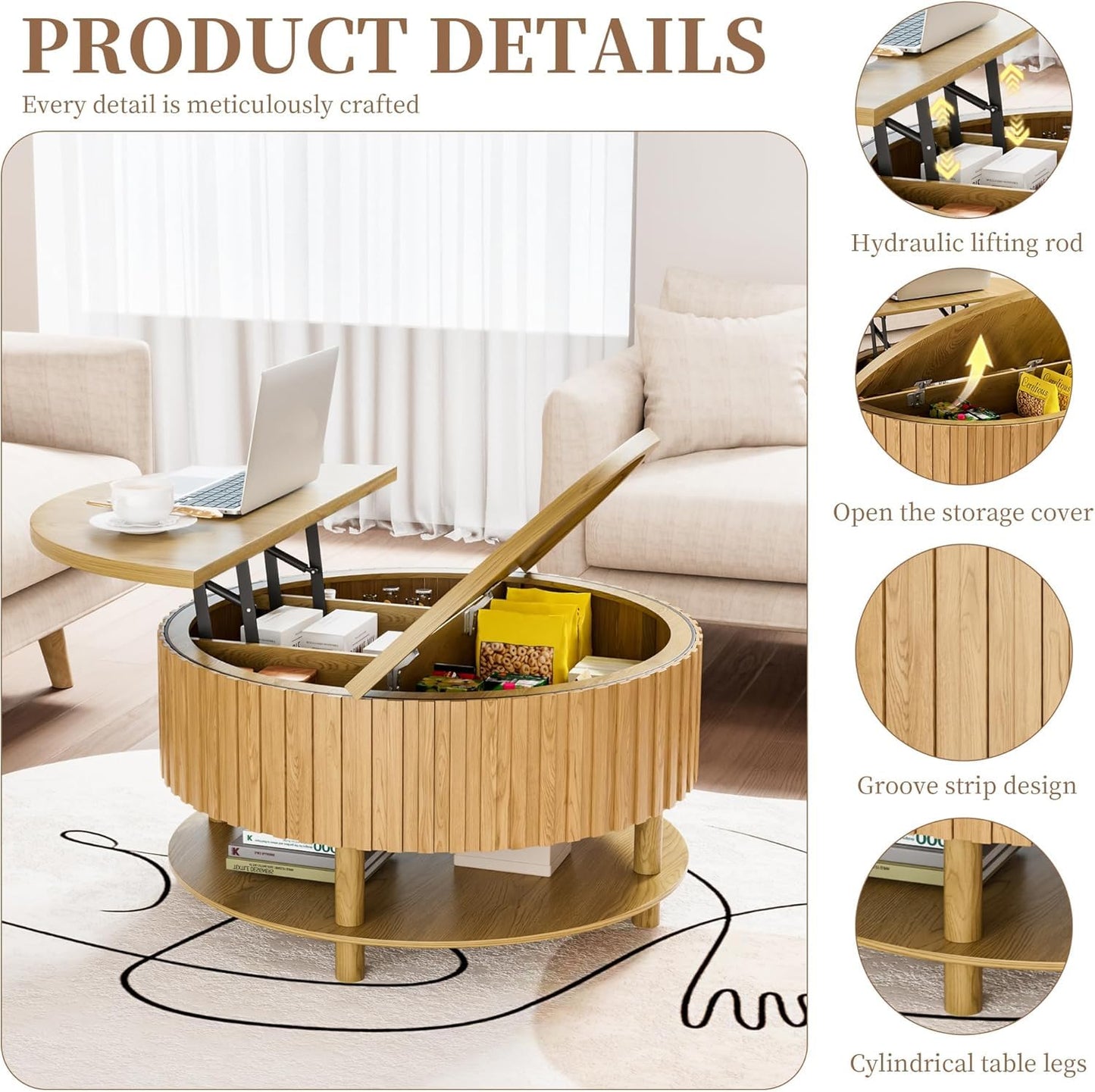 Limaoaio Round Lift Top Coffee Table with Storage, 31.5'' Modern 2-Tier Coffee Table with Hidden Storage Compartment and Open Shelf, Fluted Center Table for Living Room Home Office (Wood Color)