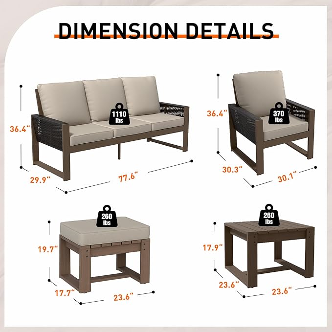 INTER HUT Rustic Hideaway Natural Cedar Wood Outdoor Furniture Set, Wicker Patio Conversation Set for Porch Garden Backyard, Couch, 2 Patio Chairs, Side Table and 2 Ottomans, 6 Piece, Brownish/Beige