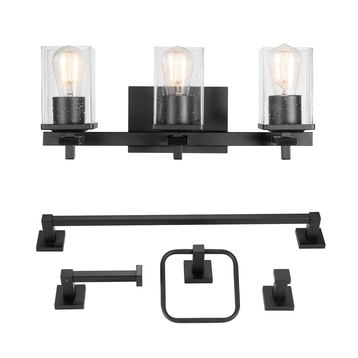 Globe Electric 51634 Dakota 5-Piece All-in-One Bathroom Set 3 Vanity Light with Seeded Glass Shades, Bar, Toilet Paper Holder, Towel Ring, Robe Hook, Matte Black