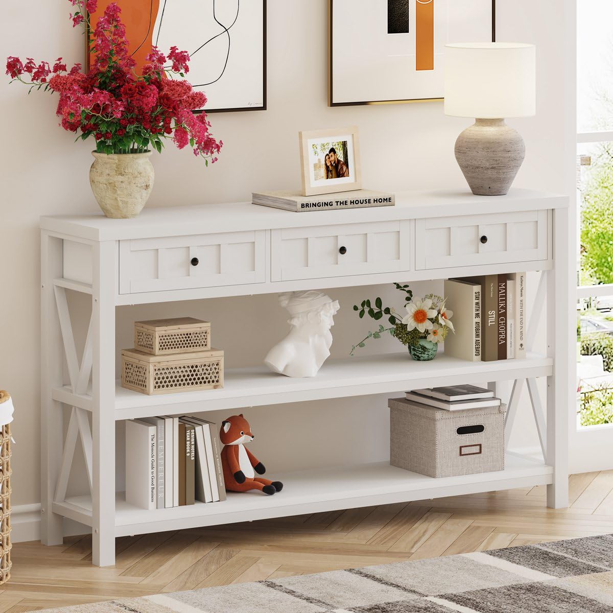 FATORRI Console Table for Entryway, Wood and Metal Sofa Table with 3 Drawers for Living Room, Farmhouse Hallway Tables and Modern Couch Tables Behind Sofa (54.72 Inch Long, White Oak)
