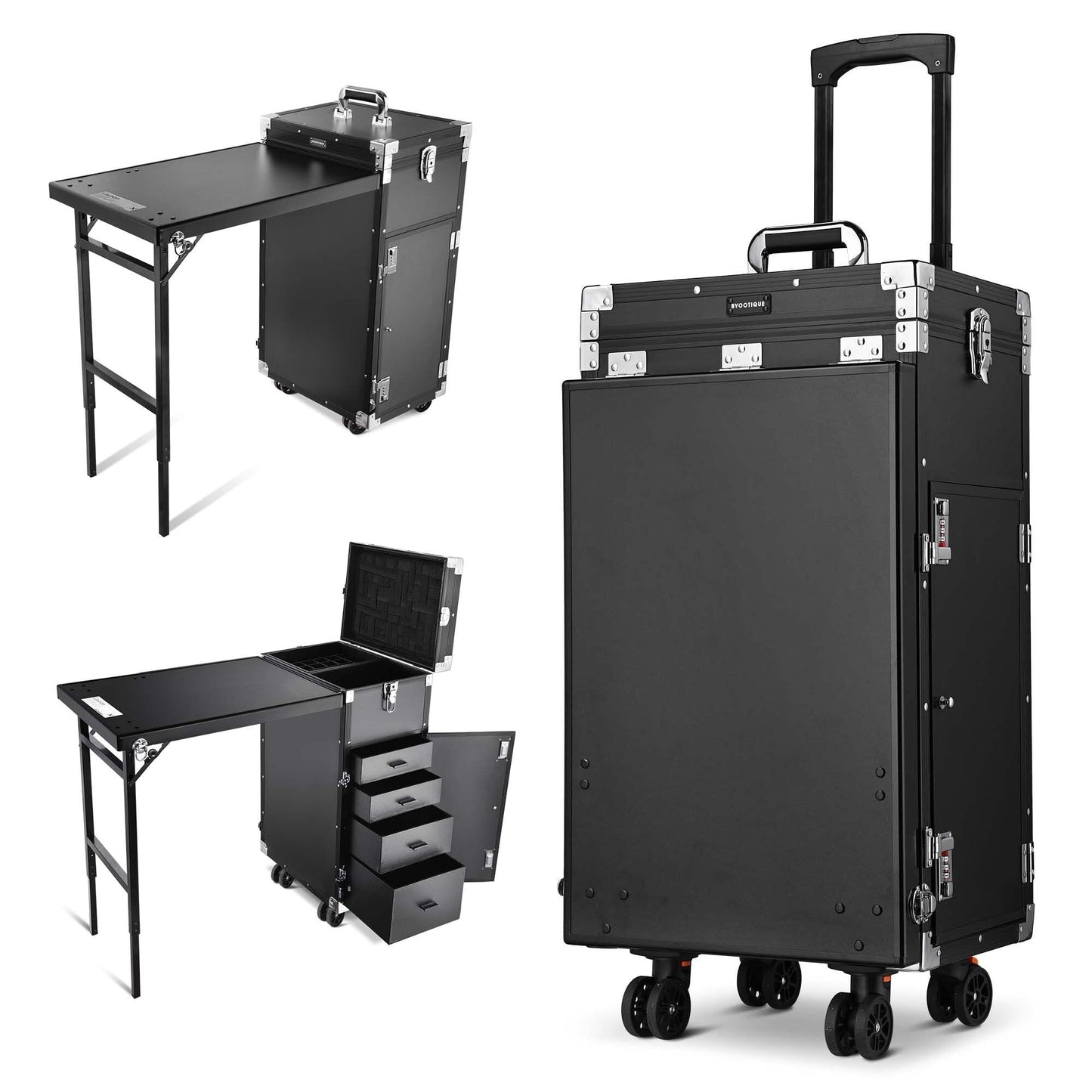 BYOOTIQUE Pink Rolling Manicure Table With Storage Protable Nail Station Kit with Makeup Train Case Cosmetic Organizer for Beaut