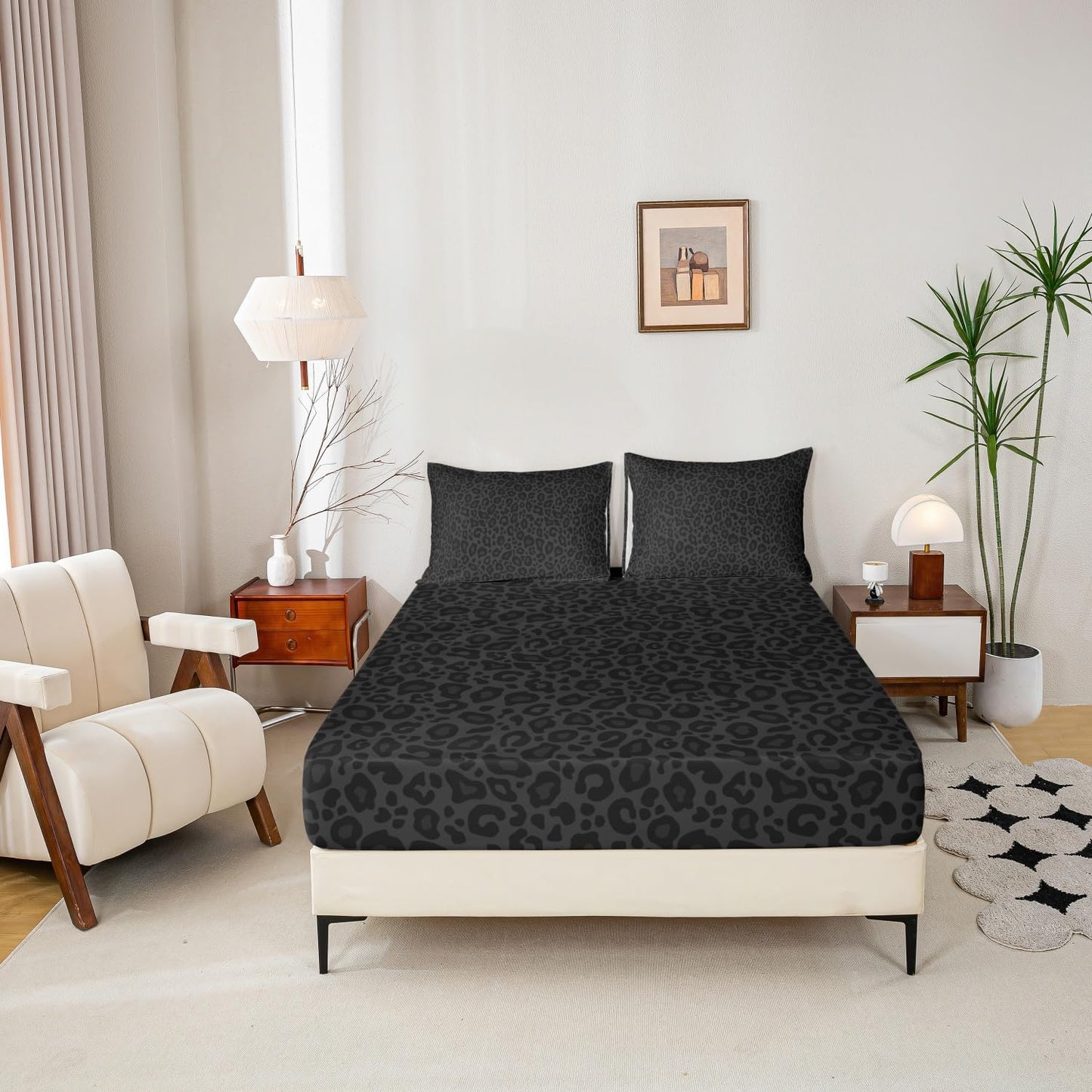 Castle Fairy Leopard Print Fitted Sheet Set Full Size 4 Pcs,Gray Wild Animal Skin Teens Sheets,African Cheetah Wildlife Bedding Sets (1 Fitted,1 Flat,2 Pillowcases) Luxury Deep Pocket Bed Sheets