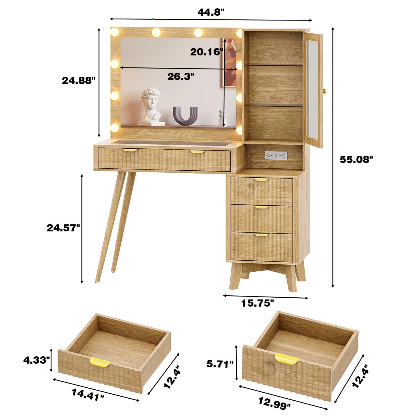 HUANLEGO Fluted Makeup Vanity Desk with Lights, 45" Glass Top Vanity Desk with Mirror and Lights &5 Drawers, Dressing Table with Lighted Mirror, Power Outlet & RGB Cabinet for Bedroom, Natural